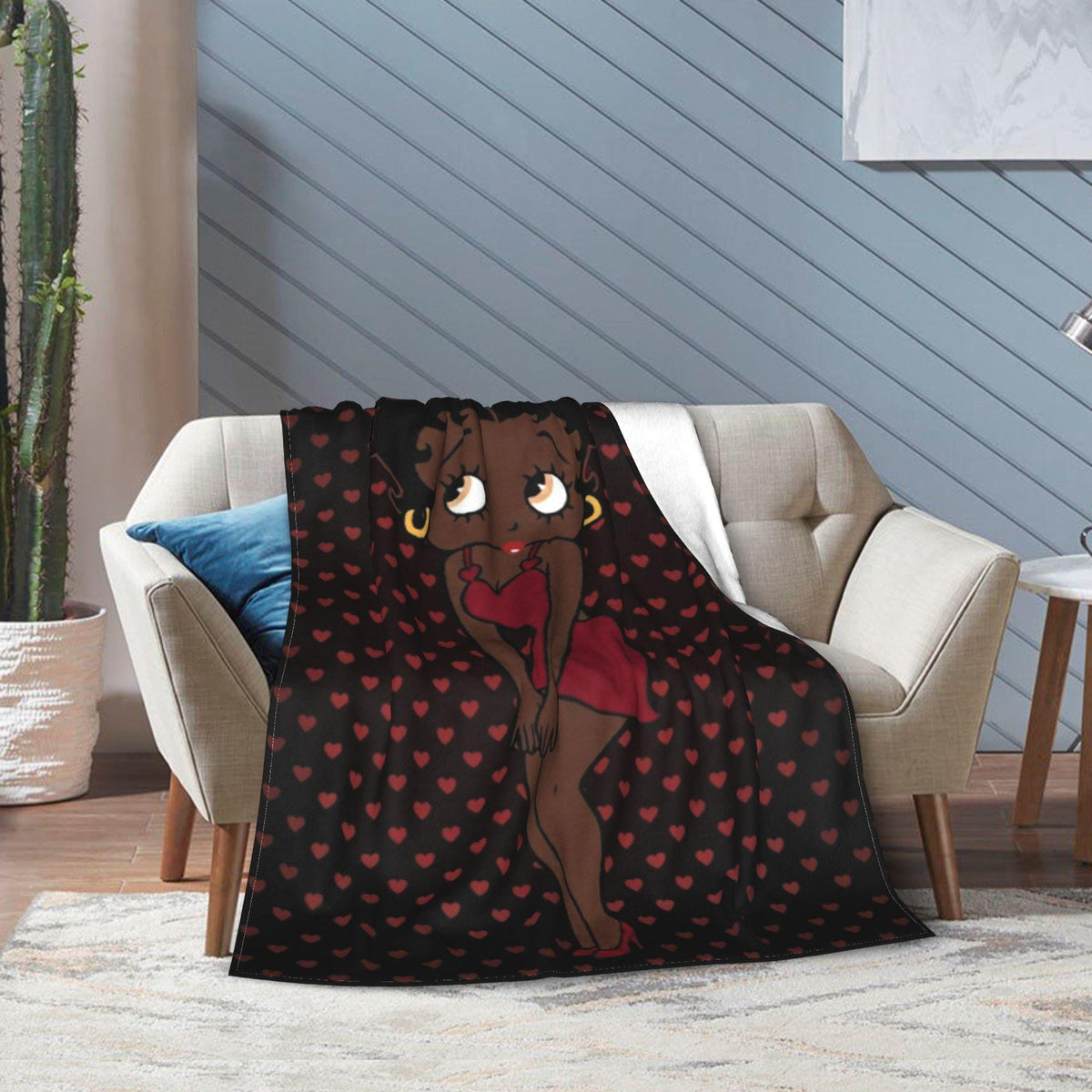 Personalized Betty Boop Heart Pattern Flannel Blanket Cute Red Dress & High Heels Soft Throw for Sofa