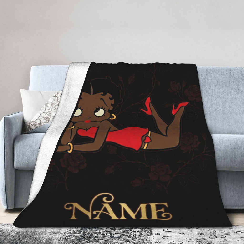 Custom Name Betty Boop Lying Pose Flannel Blanket Elegant Black Background Dark Roses Cozy Blanket