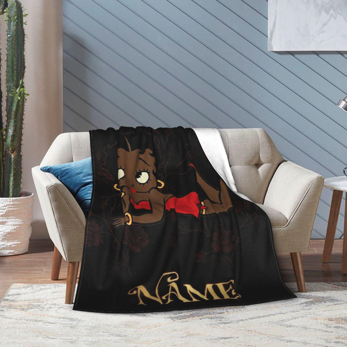 Custom Name Betty Boop Lying Pose Flannel Blanket Elegant Black Background Dark Roses Cozy Blanket