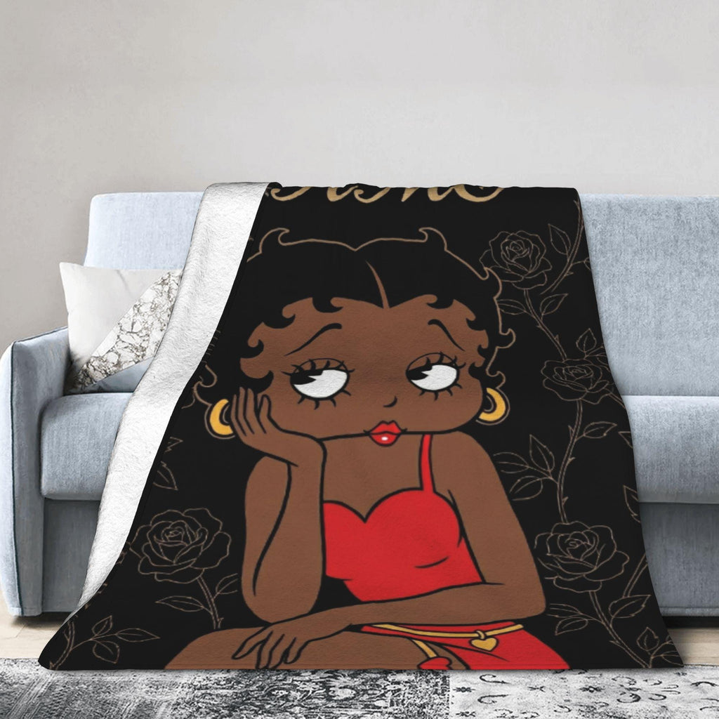 Custom Betty Boop Thinking Pose Flannel Blanket Gold Line Roses Black Background Warm Plush Throw