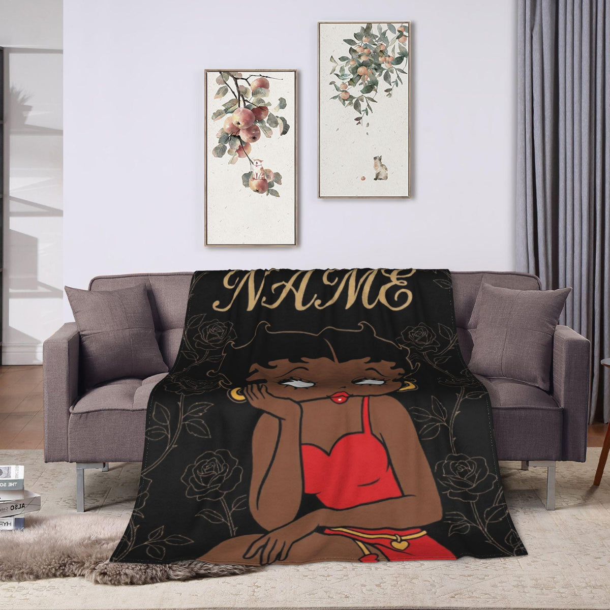 Custom Betty Boop Thinking Pose Flannel Blanket Gold Line Roses Black Background Warm Plush Throw