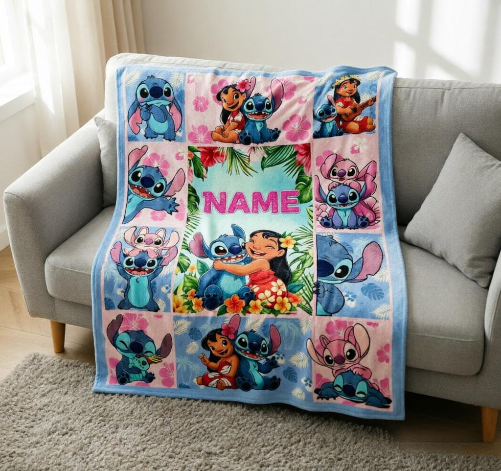 Personalized Lilo and Stitch Blanket Soft Throw, Custom Name Grid Collage Blanket, Kids Birthday Baby Shower Gift