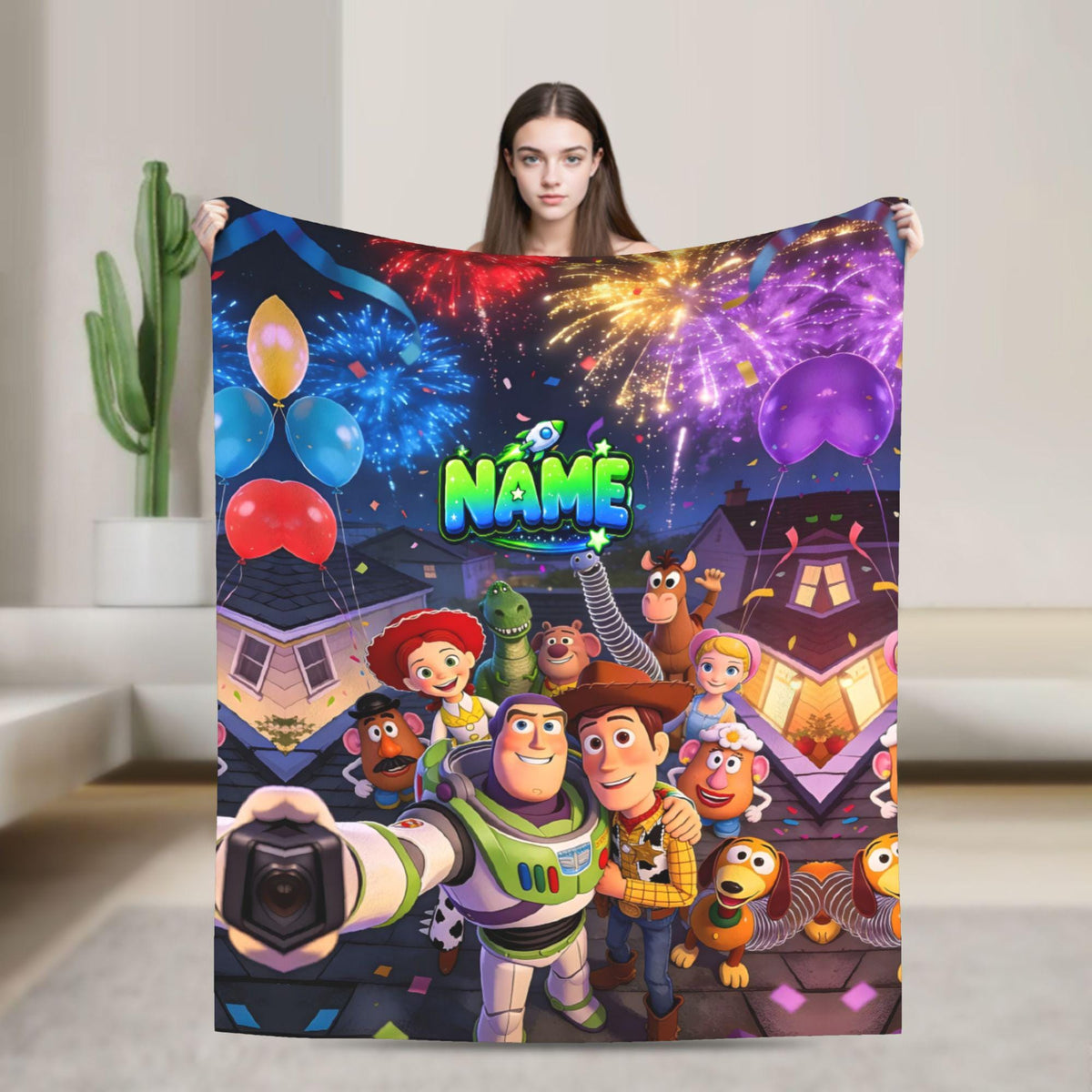 Personalized Kids Space Adventure Flannel Blanket, Custom Name Cozy Fleece Throw, Cartoon Character Style Blanket, Soft Nursery Gift