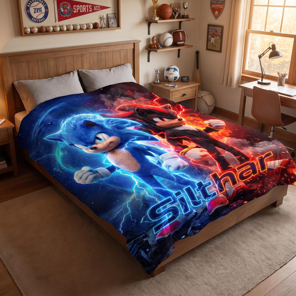 Blue & Black Hedgehog Gamer Blanket, Epic Sci-Fi Action Hero Throw, Lightning Energy Fleece Bedding, Teen Boy Custom Room Decor