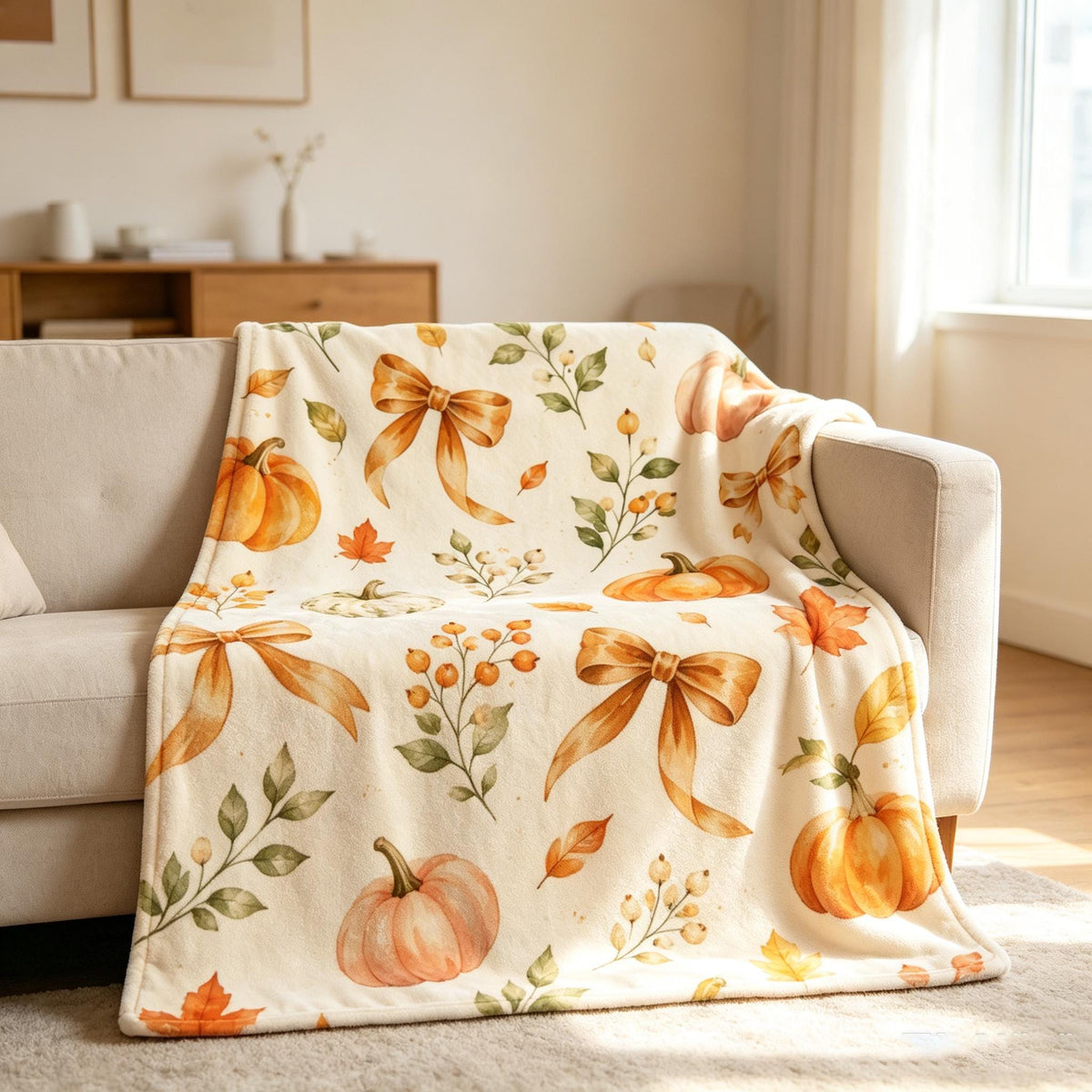 Fall Pumpkin Blanket, Watercolor Bow Throw, Autumn Botanical Flannel, Cottagecore Decor, Cozy Home Gift