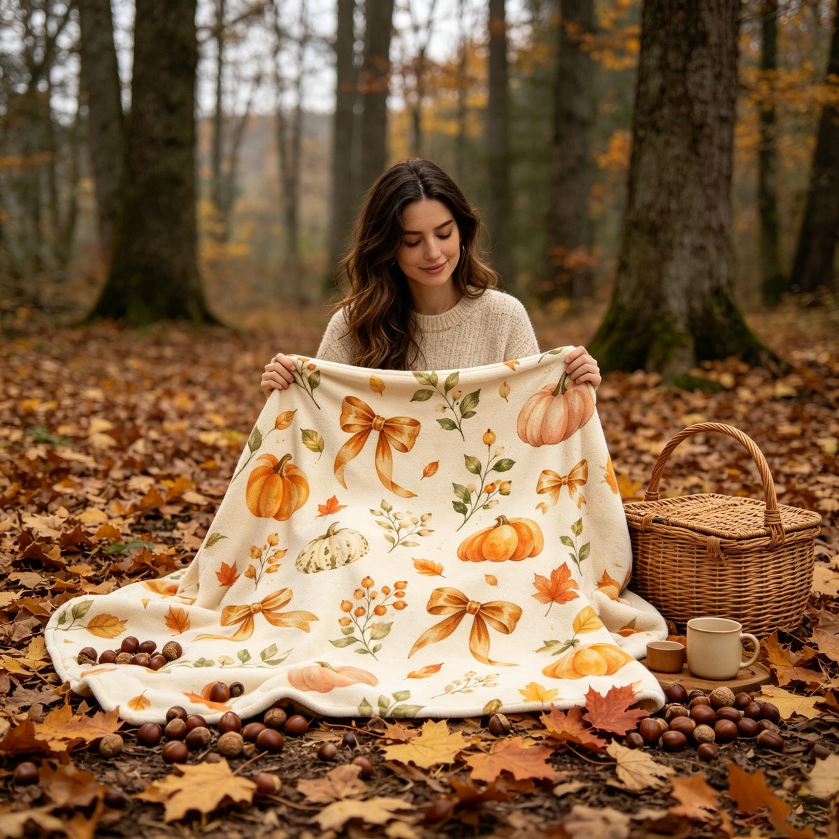 Fall Pumpkin Blanket, Watercolor Bow Throw, Autumn Botanical Flannel, Cottagecore Decor, Cozy Home Gift