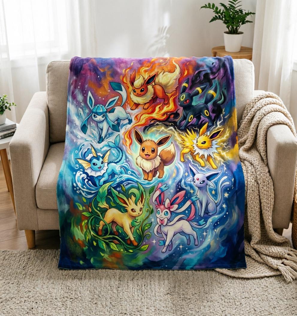 Eeveelution Blanket Soft Throw, Starry Galaxy Flannel Keepsake Gift For Pokemon Fans