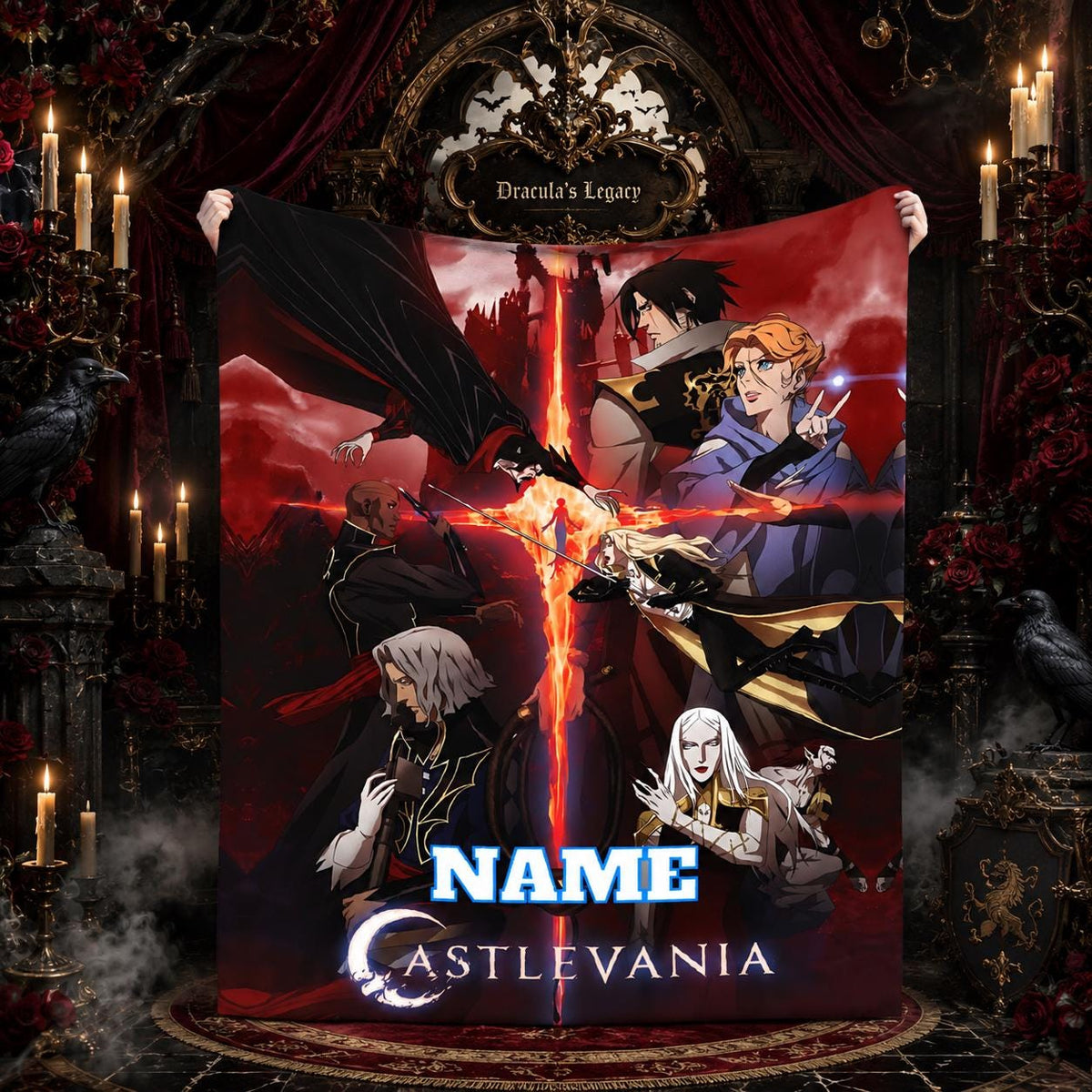 Personalized Gothic Vampire Flannel Blanket, Custom Name Dark Castle Throw, Soft Cozy Fantasy Blanket, Gamer Bedroom Gift