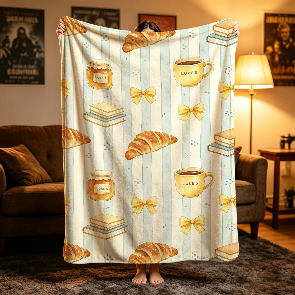 Luke's Diner Blanket, Croissant Coffee Blanket, Blue Stripe Decor, Cozy Reading Blanket, Gift for Gilmore Girls Lover