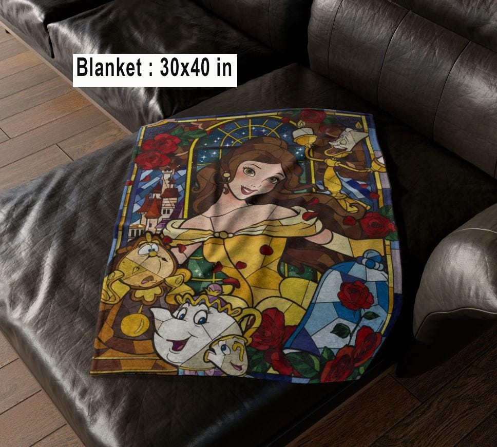 Disneyland Princess Stained Glass Fleece Blanket, Fairy Tale Nursery Decor, Beauty Princess &Beast Christmas Blanket, Princess Girl Gift