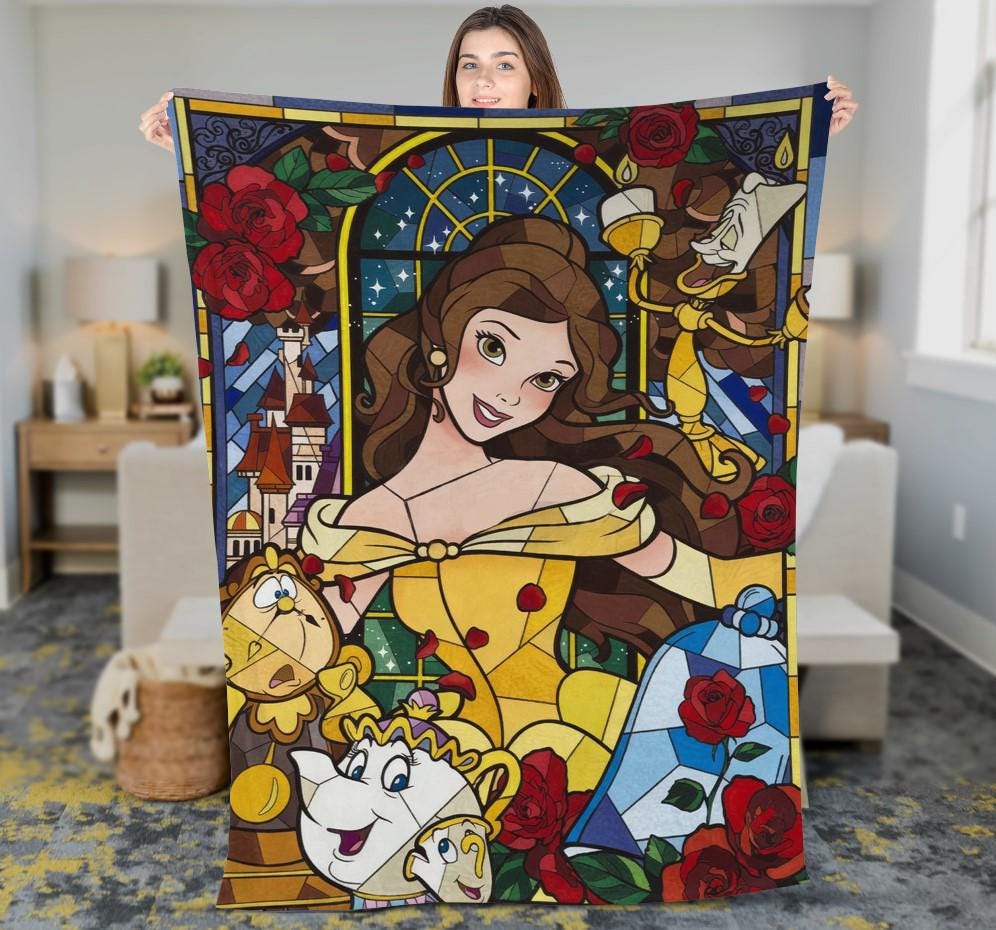 Disneyland Princess Stained Glass Fleece Blanket, Fairy Tale Nursery Decor, Beauty Princess &Beast Christmas Blanket, Princess Girl Gift