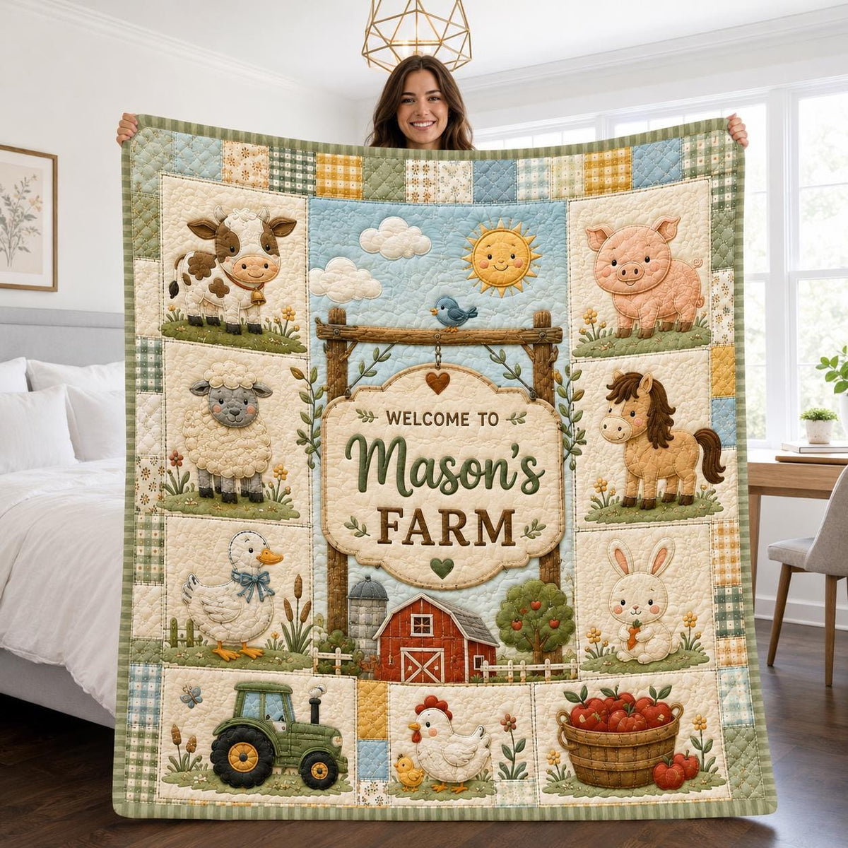 Personalized Farm Baby Blanket, Custom Name Nursery Quilt, Tractor Cow Sheep Sherpa Fleece