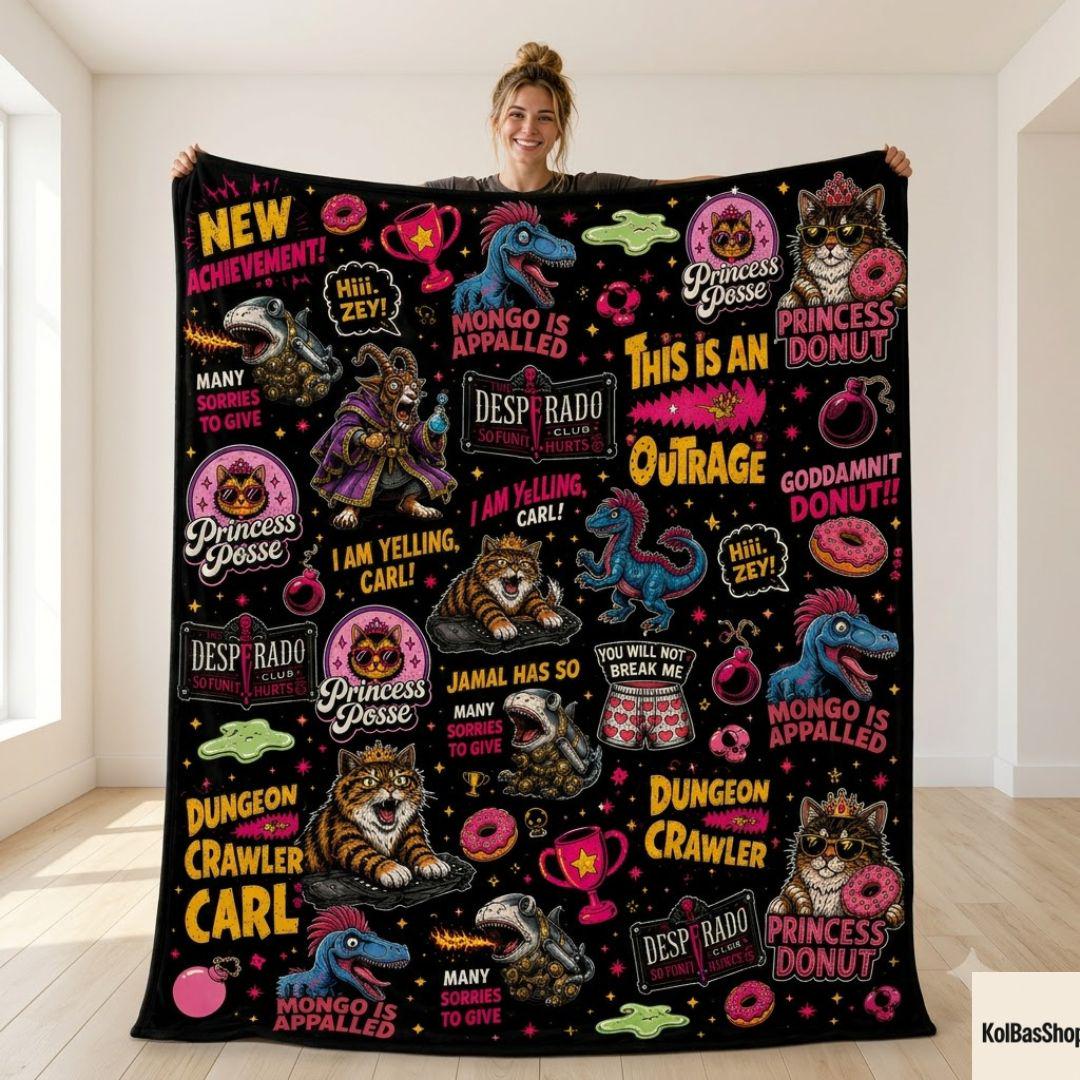 Dungeon Crawler Carl Fleece Blanket, New Achievement Throw Blanket, DCC Fan Gift, Nerd Fantasy Blanket, Gamer Blanket, Cozy Gaming Decor