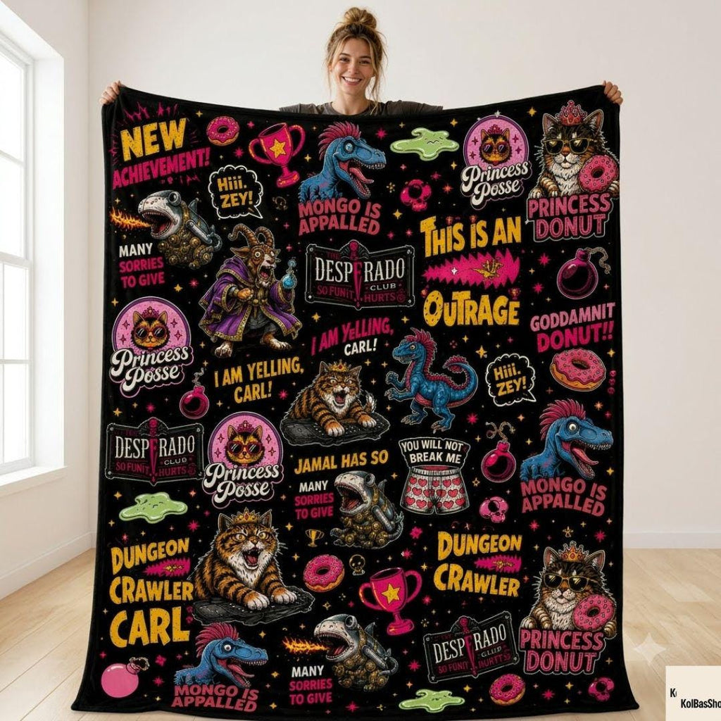 Dungeon Crawler Carl Fleece Blanket, New Achievement Throw Blanket, DCC Fan Gift, Nerd Fantasy Blanket, Gamer Blanket, Cozy Gaming Decor
