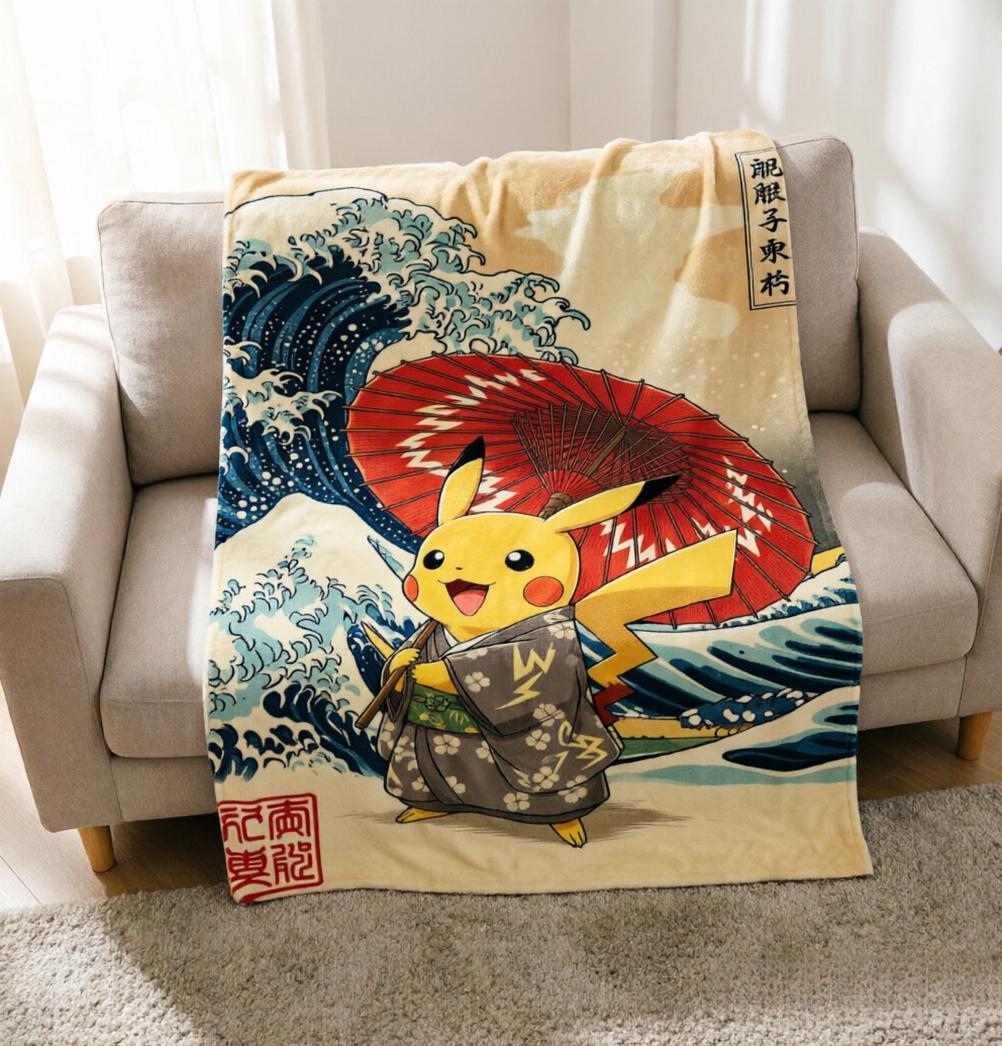 Japanese Ukiyo-e Style Pikachu Blanket, Vintage Anime Fleece Throw