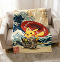 Japanese Ukiyo-e Style Pikachu Blanket, Vintage Anime Fleece Throw