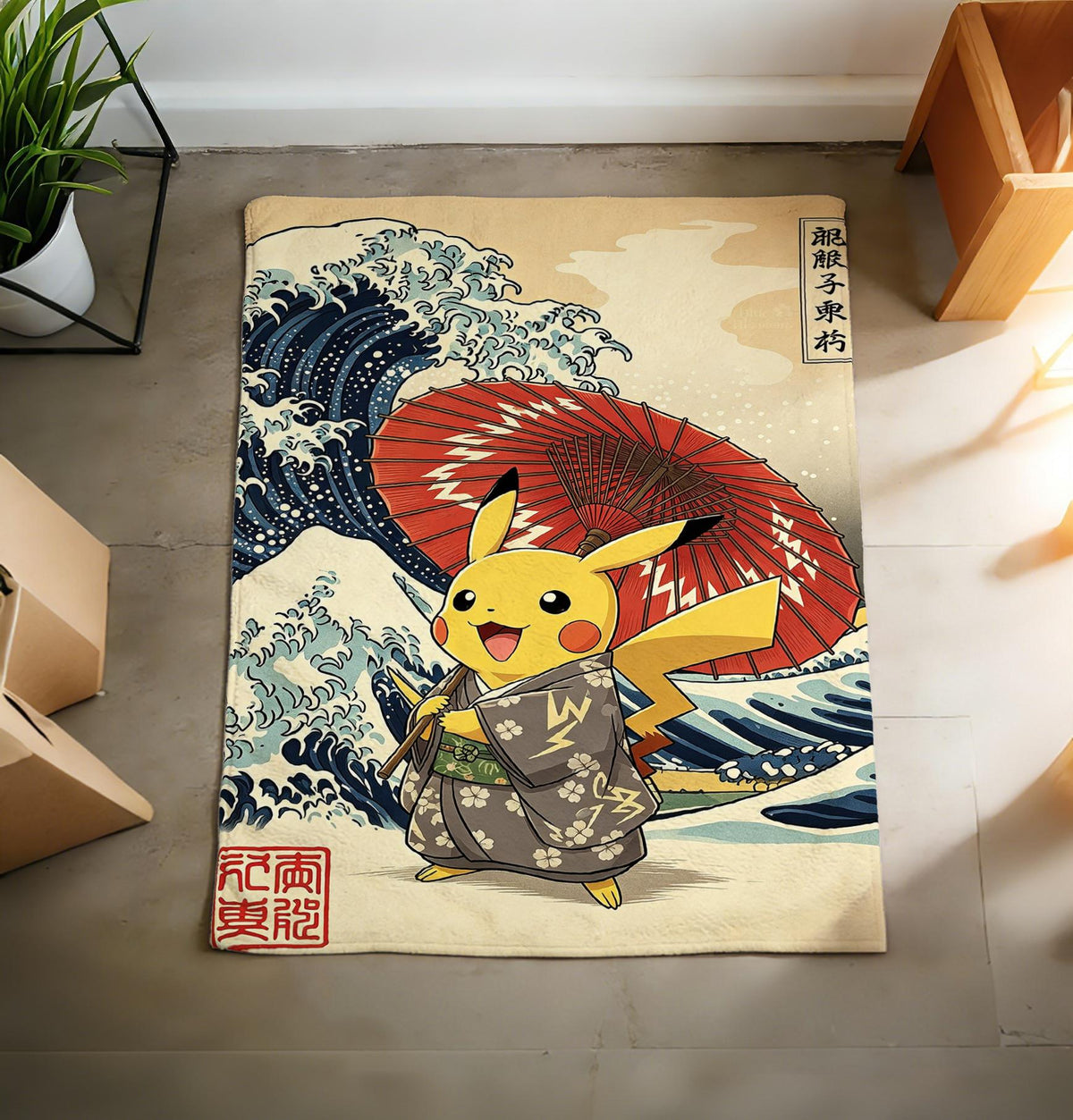 Japanese Ukiyo-e Style Pikachu Blanket, Vintage Anime Fleece Throw