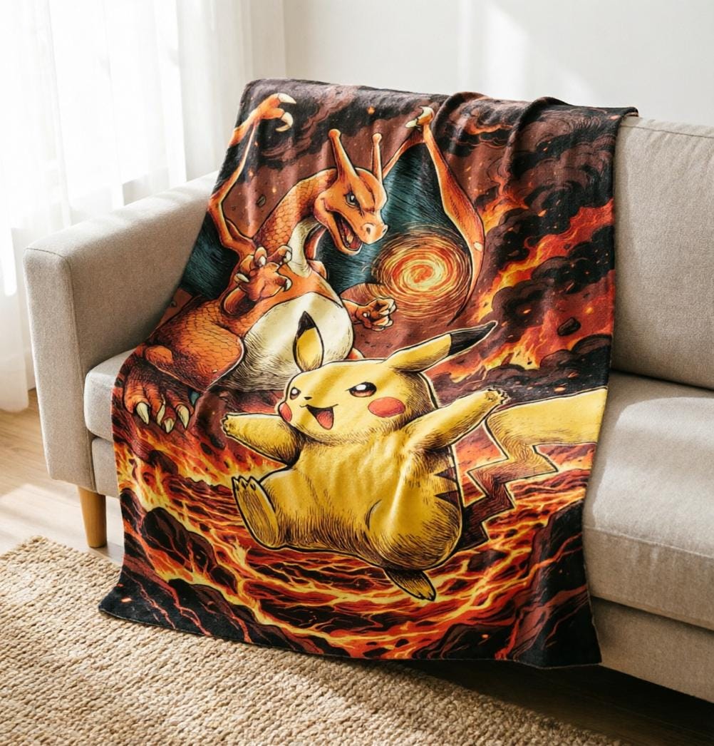 Japanese Style Charizard Blanket Soft Throw, Ukiyo-e Pokemon Art Throw, Otaku Housewarming Gift