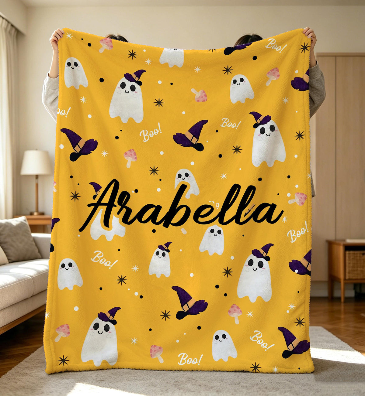 Custom Name Cozy Flannel Blanket,Halloween Ghost,Spooky Kids Decor,Personalized Ghost Blanket for Baby,Nursery Decor,My First Halloween