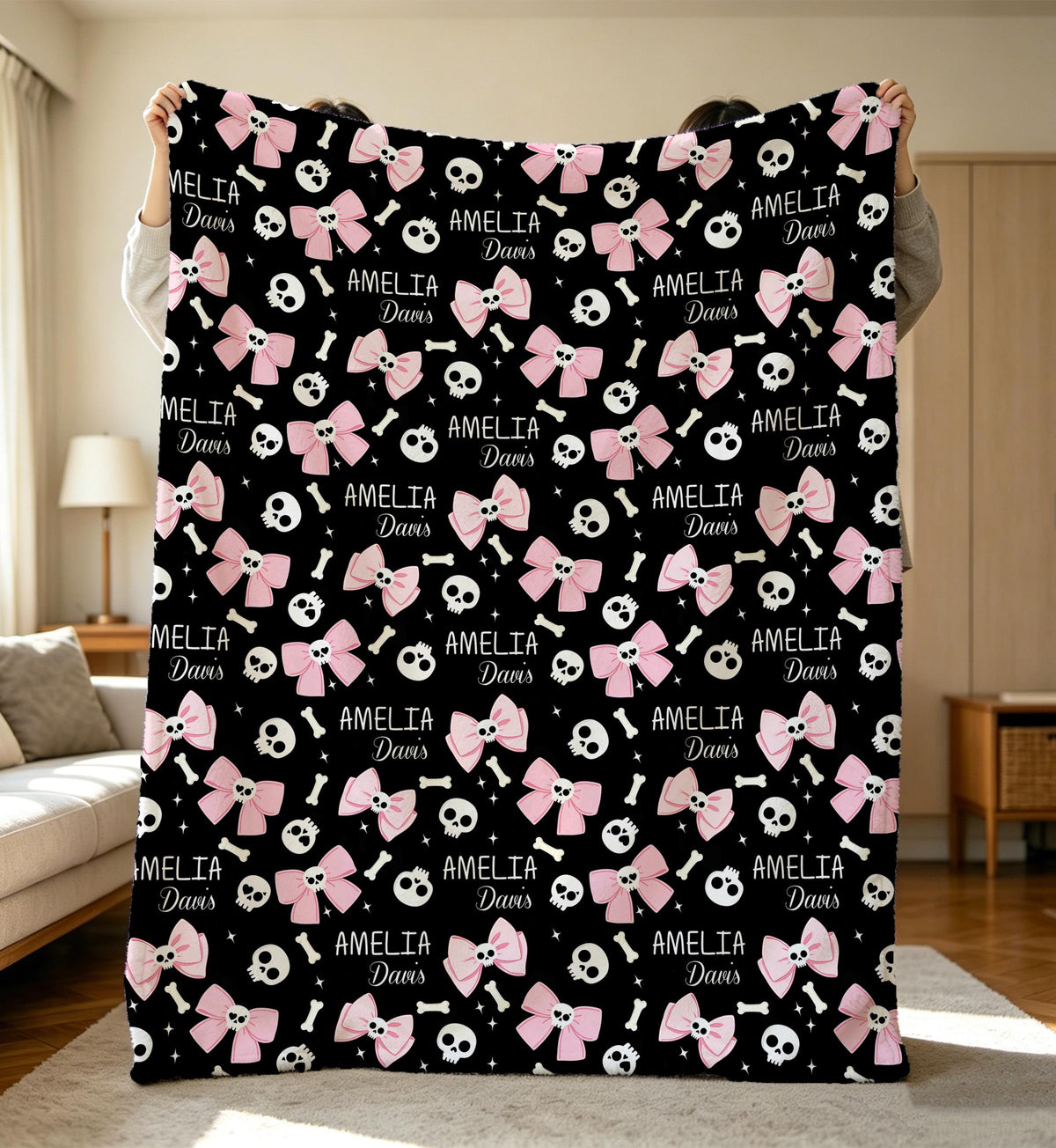 Personalized Colorful Halloween Baby Blanket,Soft Flannel Blanket,Skulls/Bones Blanket,Spooky Cute Baby Girl Gift,Girl Coquette Baby Blanket
