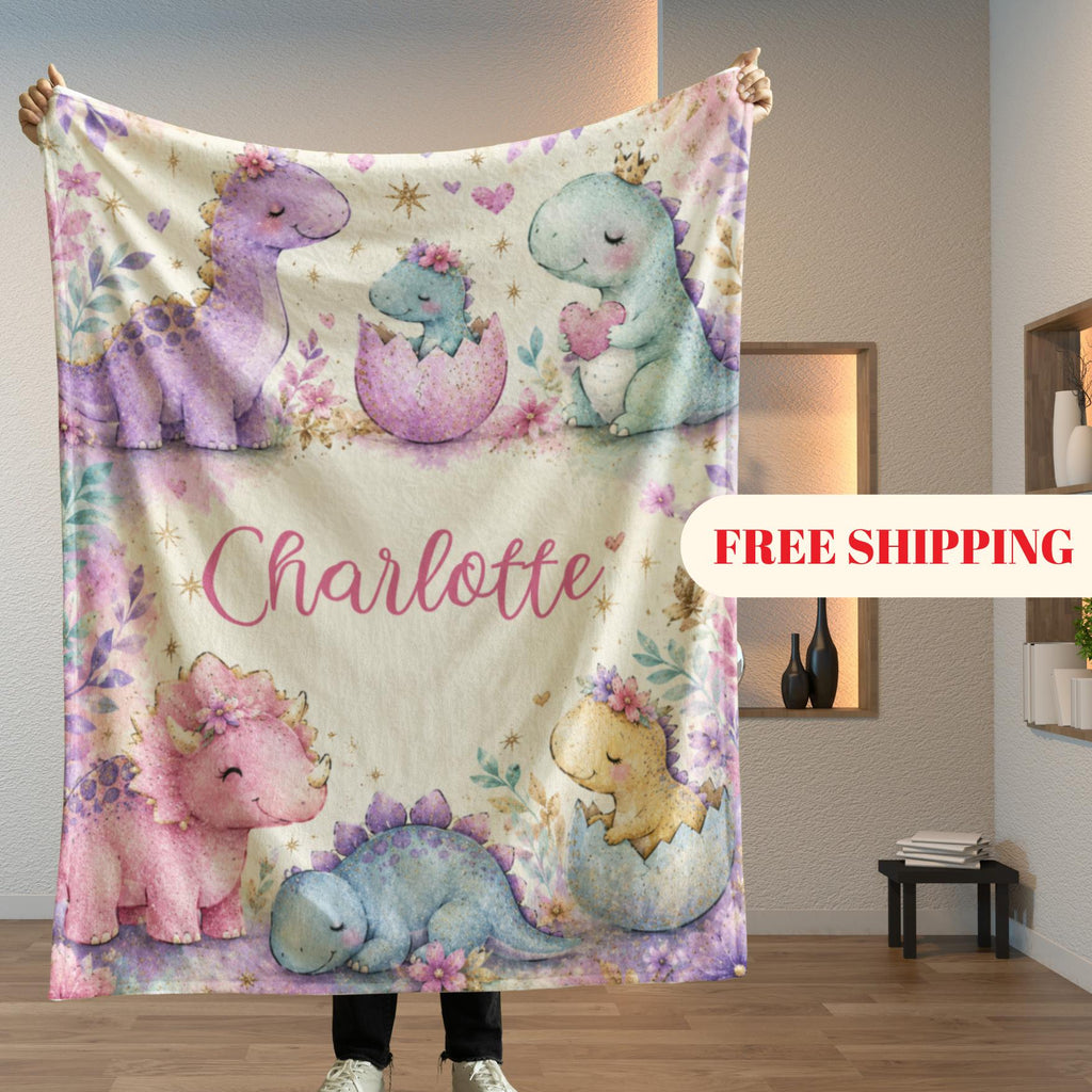 Personalized Dinosaur Blanket for Girls, Custom Baby Girl Name Blanket, Pastel Dino Nursery Bedding, Watercolor Toddler Flannel Gift