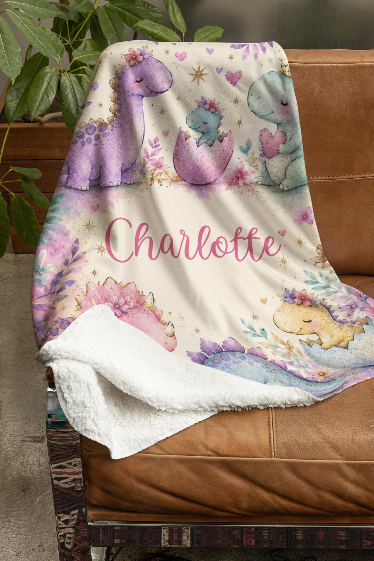 Personalized Dinosaur Blanket for Girls, Custom Baby Girl Name Blanket, Pastel Dino Nursery Bedding, Watercolor Toddler Flannel Gift