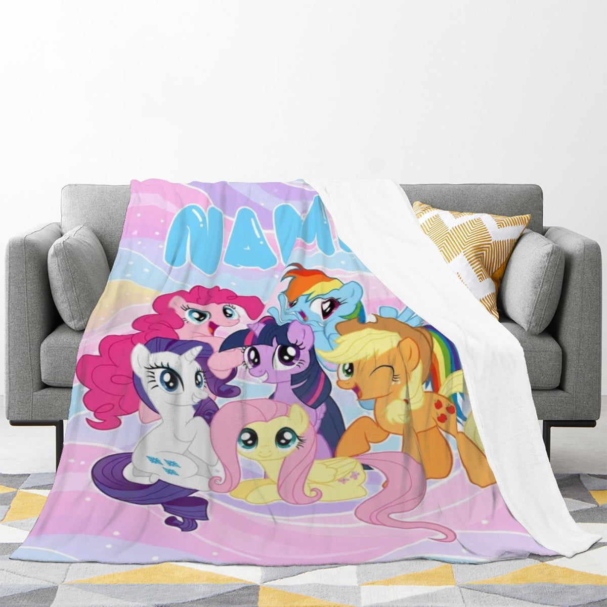 Personalized Pony Blanket, Custom Girl Blanket, Rainbow Kids Throw, Cute Birthday Gift