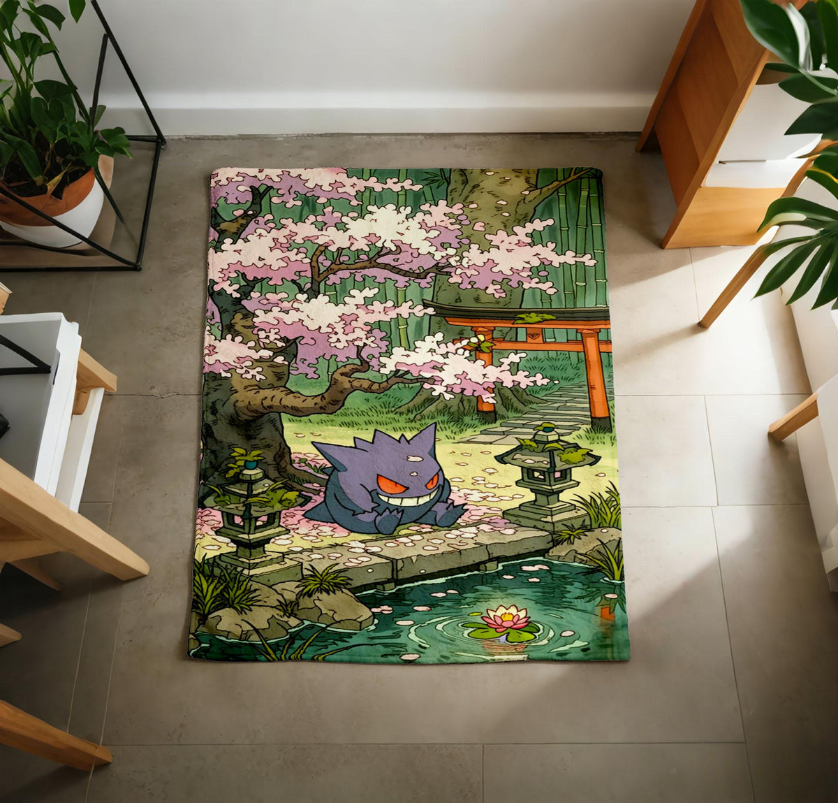 Gengar Japanese Garden Throw, Cherry Blossom, Torii Gate, Soft Flannel Blanket