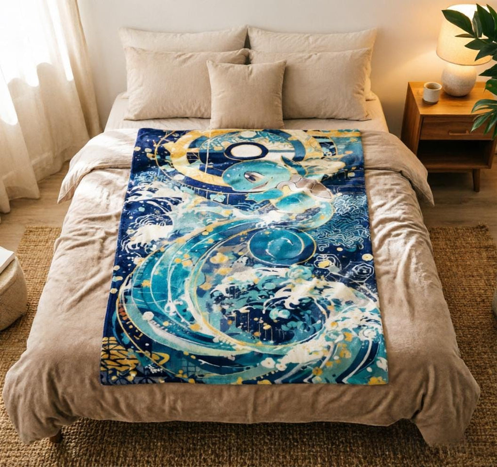 Squirtle Ukiyo‑e Blanket Soft Throw, Japanese Wave Art Pokemon Throw, Gift For Anime Fan