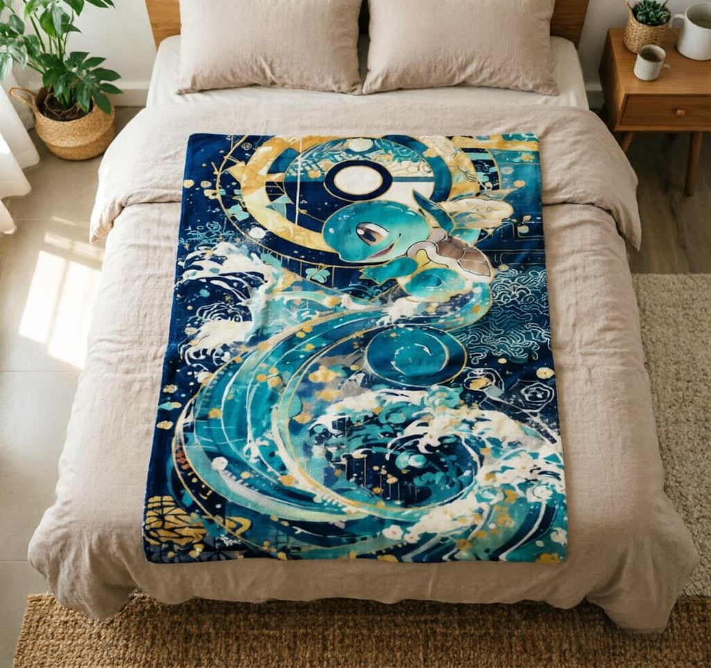 Squirtle Ukiyo‑e Blanket Soft Throw, Japanese Wave Art Pokemon Throw, Gift For Anime Fan