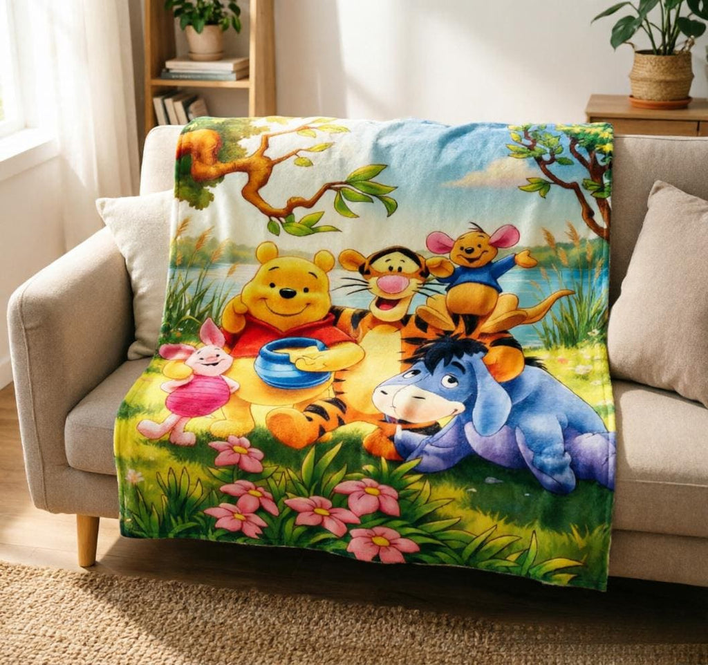 Classic Pooh Crew Blanket Soft Throw, Lakeside Meadow Print, Lightweight Kids Fleece