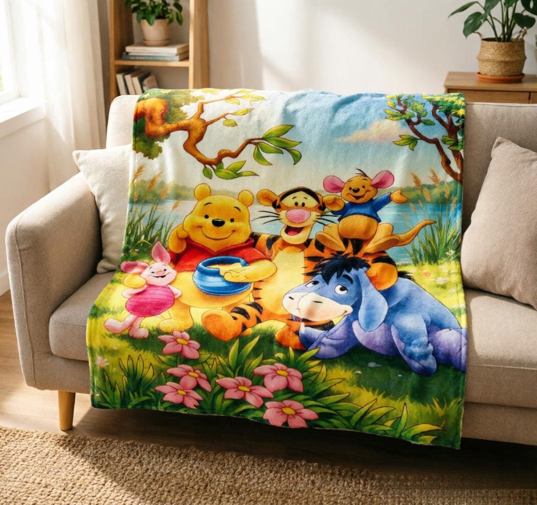Classic Pooh Crew Blanket Soft Throw, Lakeside Meadow Print, Lightweight Kids Fleece