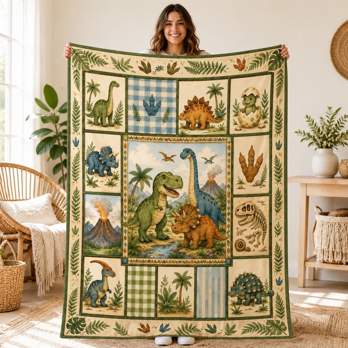 Dinosaur Quilted Blanket | T-Rex Triceratops Nursery Throw (Watercolor Jungle Volcano)