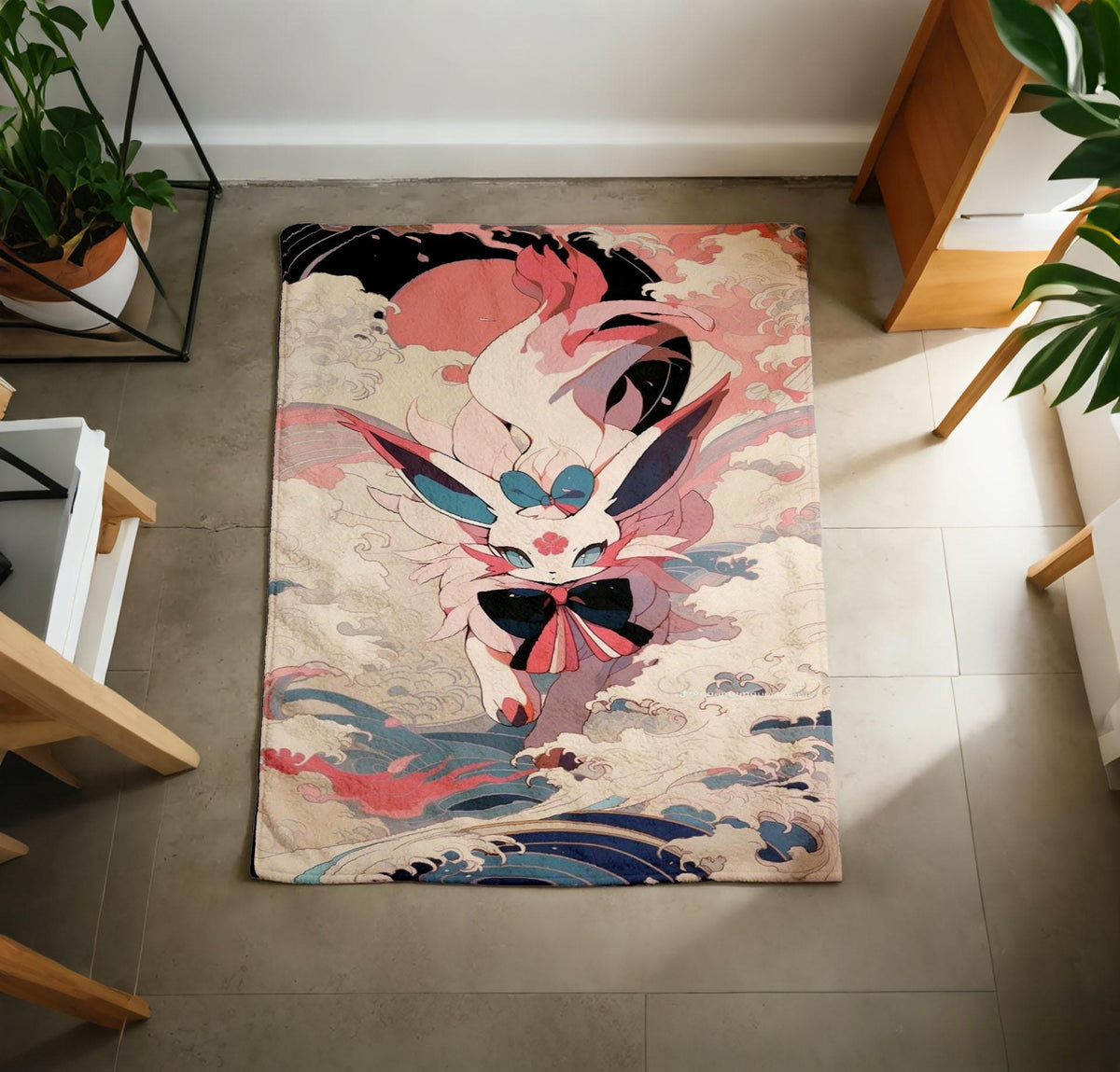 Sylveon Ukiyo Art Throw, Japanese Cherry Blossom Anime Blanket (Soft Flannel)