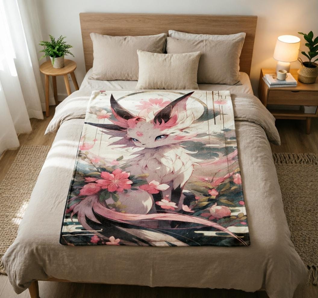 Sylveon Ukiyo Art Throw, Japanese Cherry Blossom Anime Blanket (Soft Flannel)