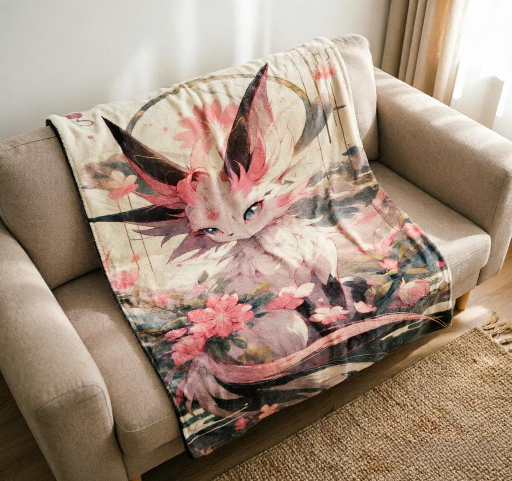 Sylveon Ukiyo Art Throw, Japanese Cherry Blossom Anime Blanket (Soft Flannel)
