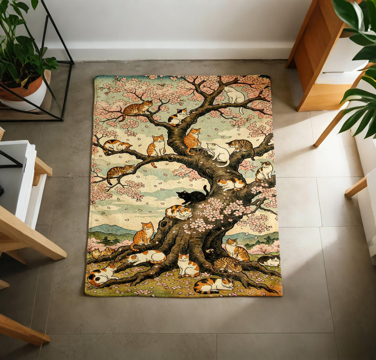 Vintage Japanese Cat Cherry Blossom Throw, Soft Flannel Cozy Blanket