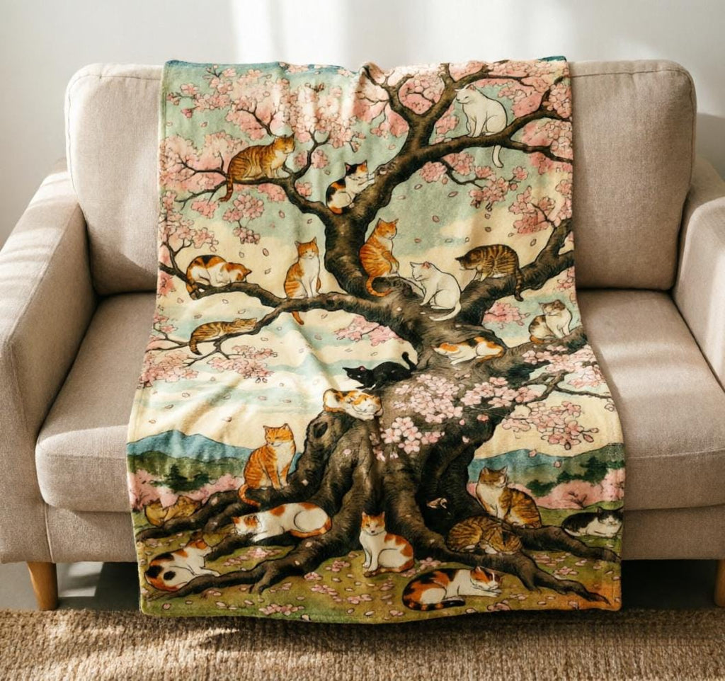 Vintage Japanese Cat Cherry Blossom Throw, Soft Flannel Cozy Blanket