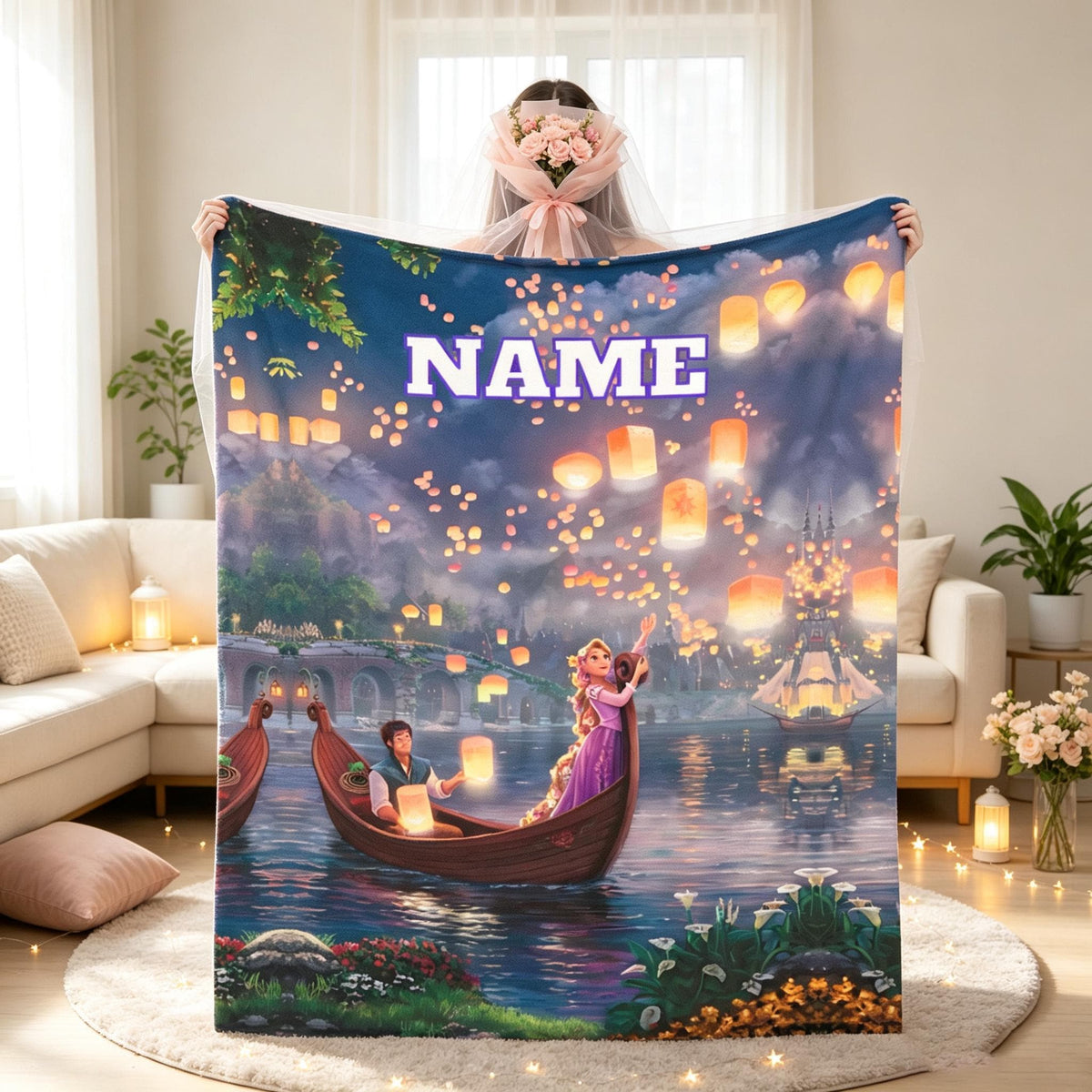 Personalized Lantern Princess Flannel Blanket, Custom Name Romantic Fairytale Throw, Soft Cozy Kids Bedroom Sofa Travel Gift