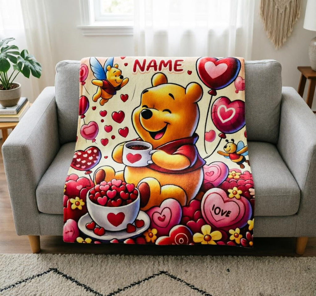 Winnie Pooh Blanket Soft Throw, Romantic Heart Balloon Print, Fleece for Sofa Bed Decor