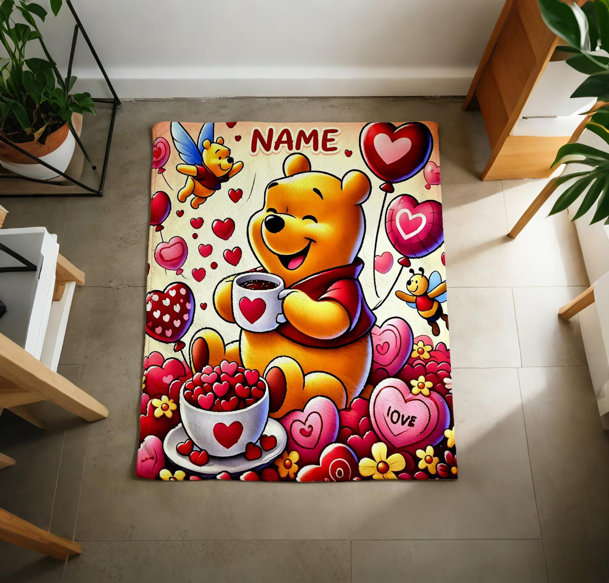 Winnie Pooh Blanket Soft Throw, Romantic Heart Balloon Print, Fleece for Sofa Bed Decor