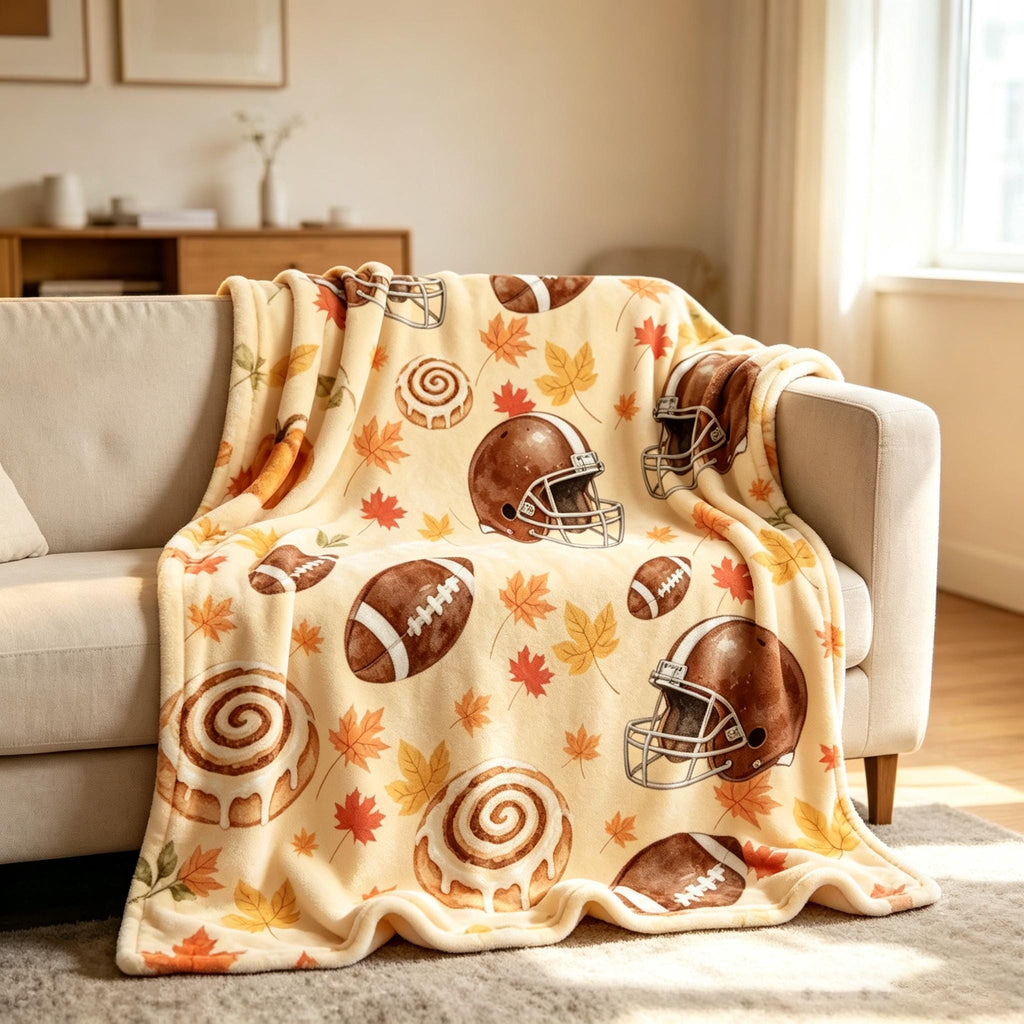 Football and Cinnamon Roll Throw, Fall Sports Blanket, Watercolor Flannel, Cozy Game Day, Gift for Sports Fan