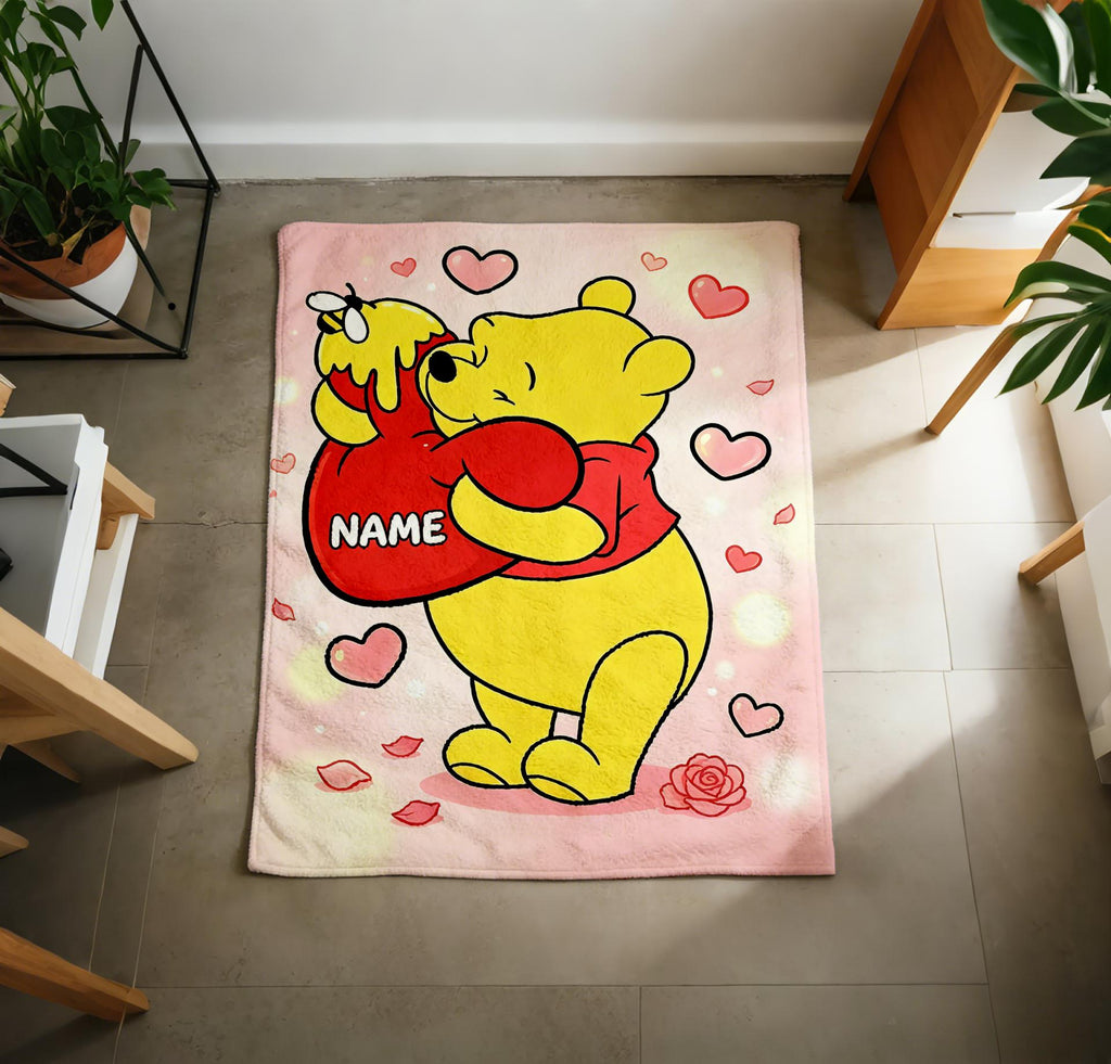 Custom Name Winnie Pooh Blanket Soft Throw, Heart Hug Design, Personalized Fleece Cover