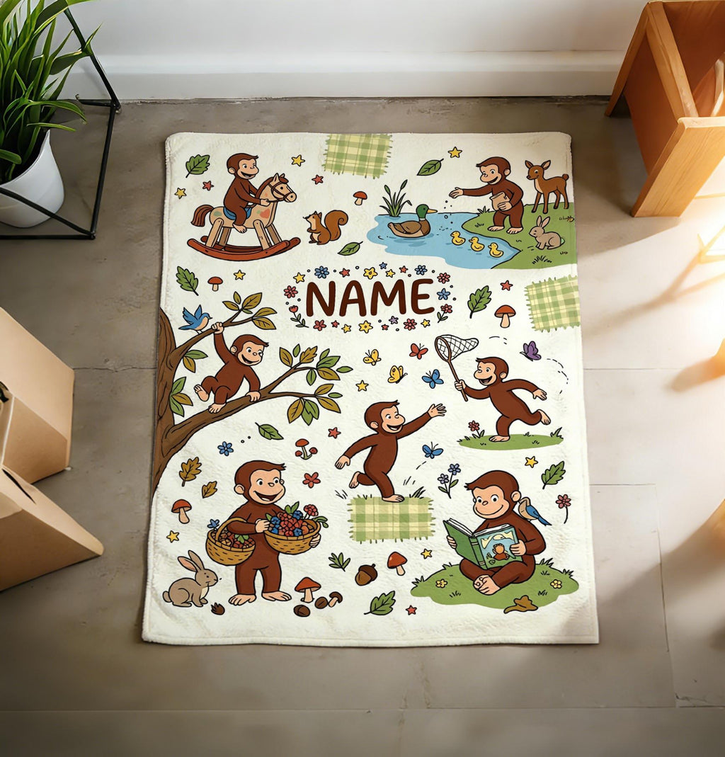 Custom Name Curious George Blanket Soft Throw Plush Woodland Keepsake Gift