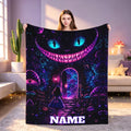 Personalized Wonderland Flannel Blanket, Custom Name Fantasy Cat Throw, Neon Mushroom Cozy Blanket, Kids Teen Bedroom Gift