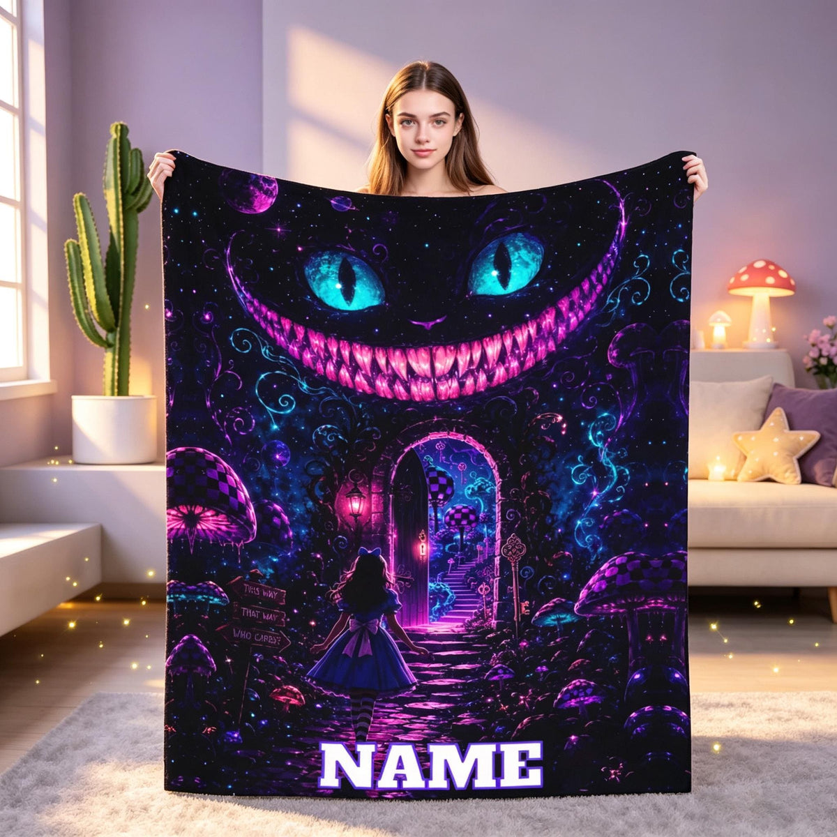 Personalized Wonderland Flannel Blanket, Custom Name Fantasy Cat Throw, Neon Mushroom Cozy Blanket, Kids Teen Bedroom Gift