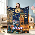 Personalized Neverland Adventure Flannel Blanket, Custom Name Starry London Throw, Soft Cozy Kids Fantasy Bedroom Gift