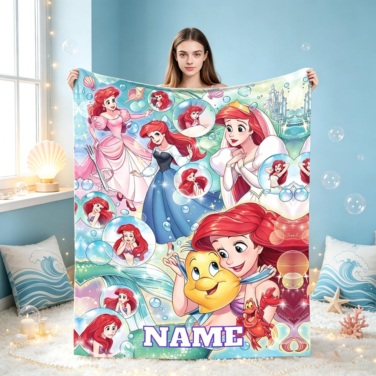 Personalized Mermaid Princess Flannel Blanket, Custom Name Underwater Fantasy Throw, Soft Cozy Kids Bedroom Sofa Gift