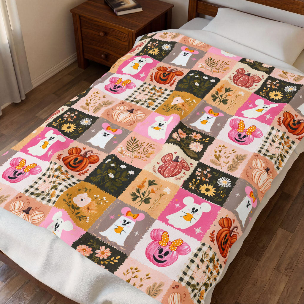Minnie Ghost Velveteen Plush Halloween Blanket | Mickey Pumpkin Pink and Orange Halloween Throw
