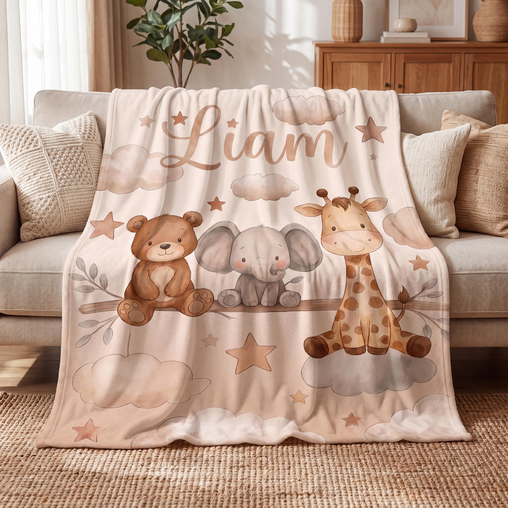 Personalized Safari Animal & Elephant Baby Blanket, Gender Neutral Woodland Nursery Decor, Custom Hot Air Balloon Swaddle, Fall Gift